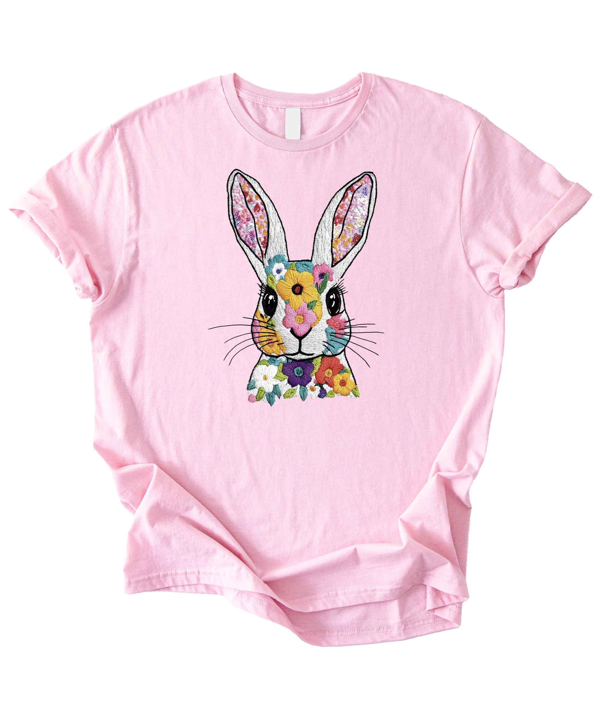 Easter bunny floral tee showing shirt details and pastel mauve color option