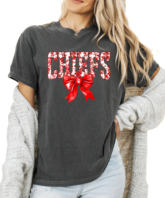 Trendy Chiefs Red Bow Shirt for Women and Teens Floral Sports Tee