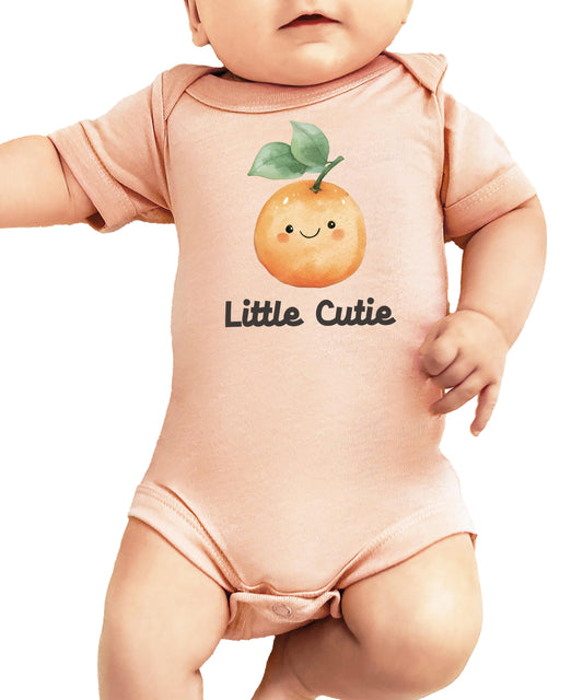 Little Cutie baby bodysuit with watercolor orange smile graphic on natural snap onesie