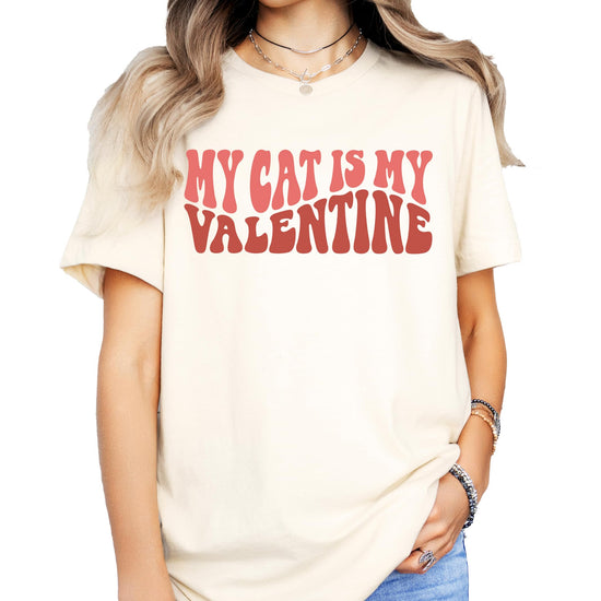 Model wearing My Cat is My Valentine funny graphic shirt for Valentine's Day