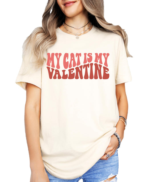 Model wearing My Cat is My Valentine funny graphic shirt for Valentine's Day