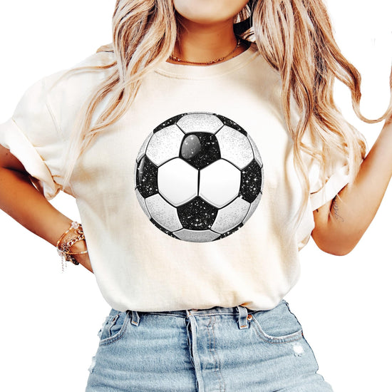 Soccer ball faux glitter shirt modeled showing trendy oversized fit and style