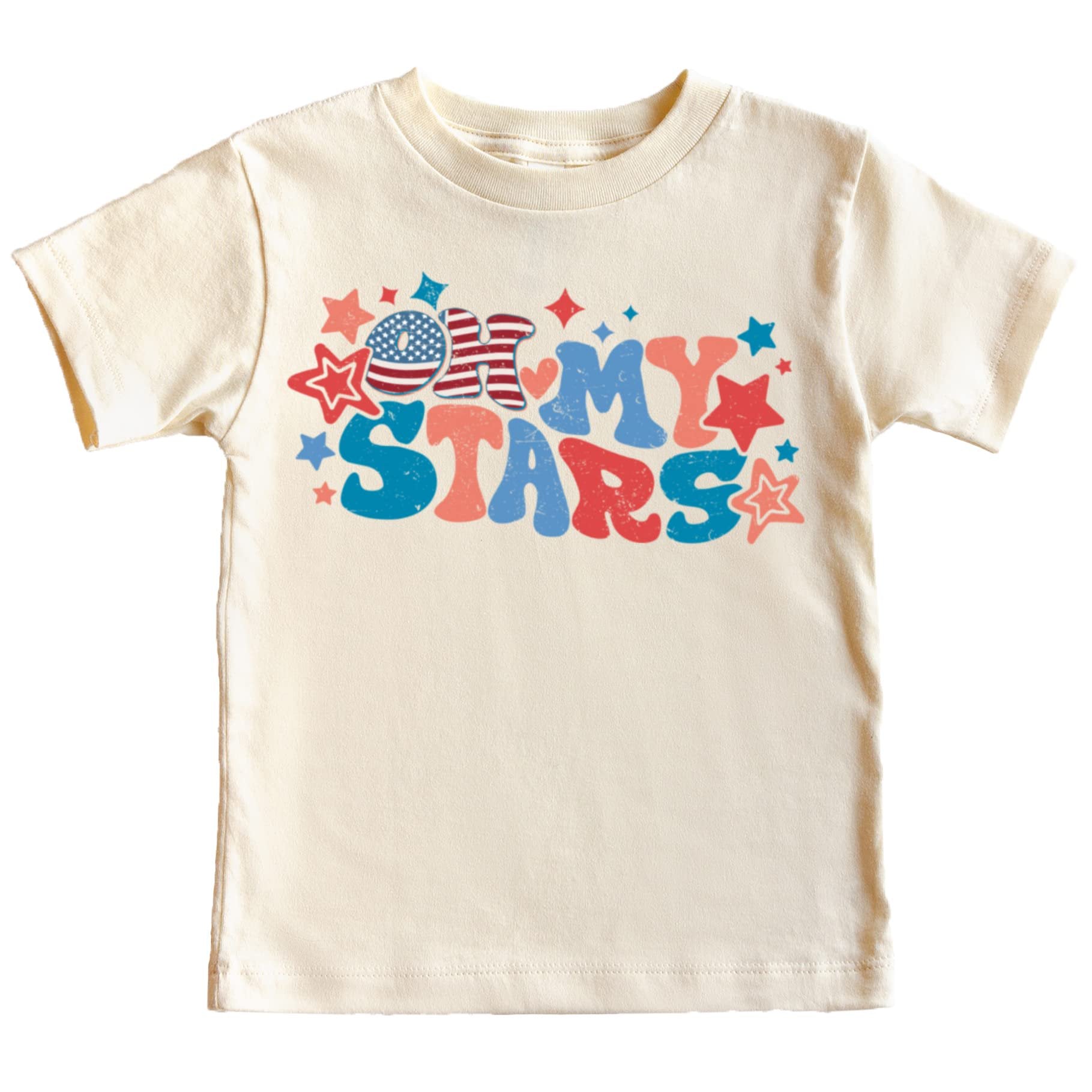 Close-up of Oh My Stars bold patriotic graphic print on natural colored shirt