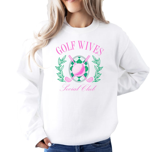 White women's sweatshirt with Golf Wives Social Club graphic print on the front
