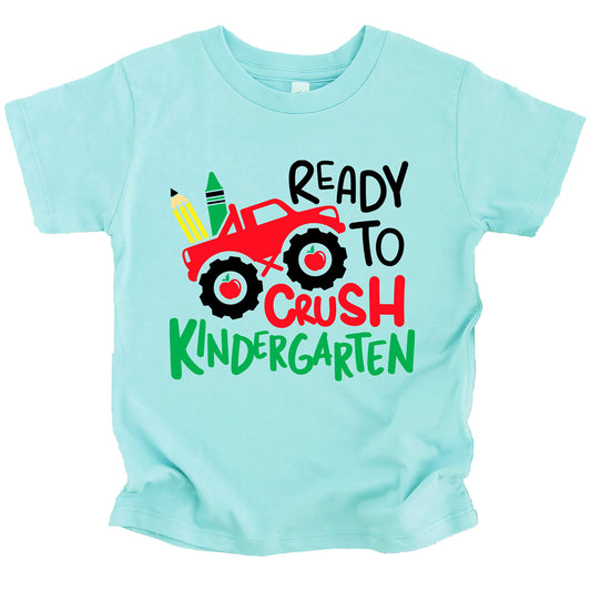 Kids Crush Kindergarten back to school graphic tee with fun truck design for first day of school