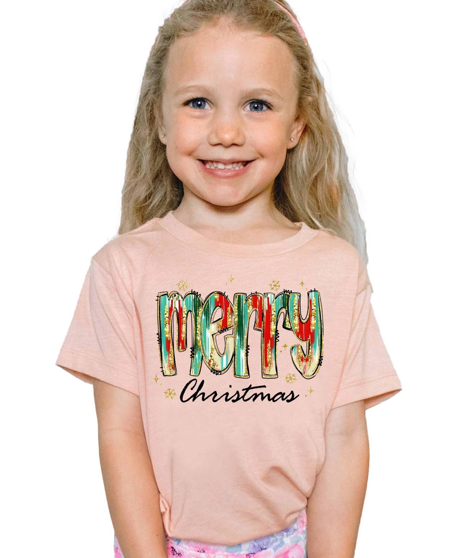 Side view of watercolor holiday matching shirt for mommy and me in peach