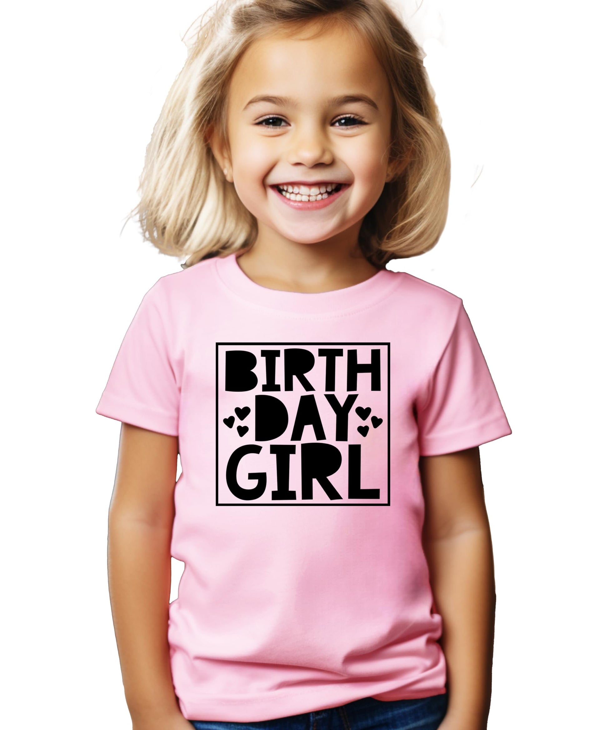 Kids birthday raglan shirt with hearts design laid flat on neutral background