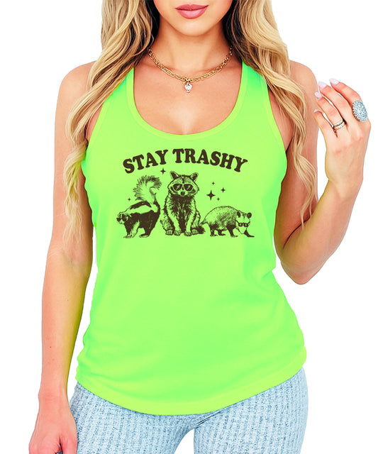 Funny Stay Trashy Raccoon Tank Top for Women and Teens Raccoon Skunk Possum Graphic Tank Top