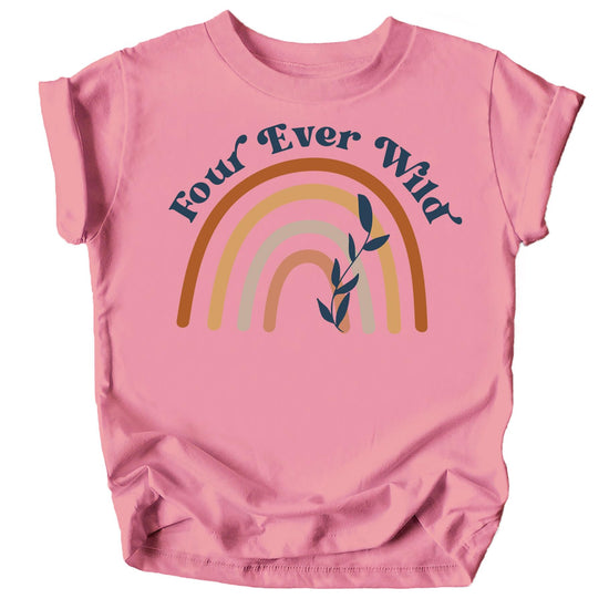 Four Ever Wild rainbow graphic 4th birthday shirt for toddler girls in purple