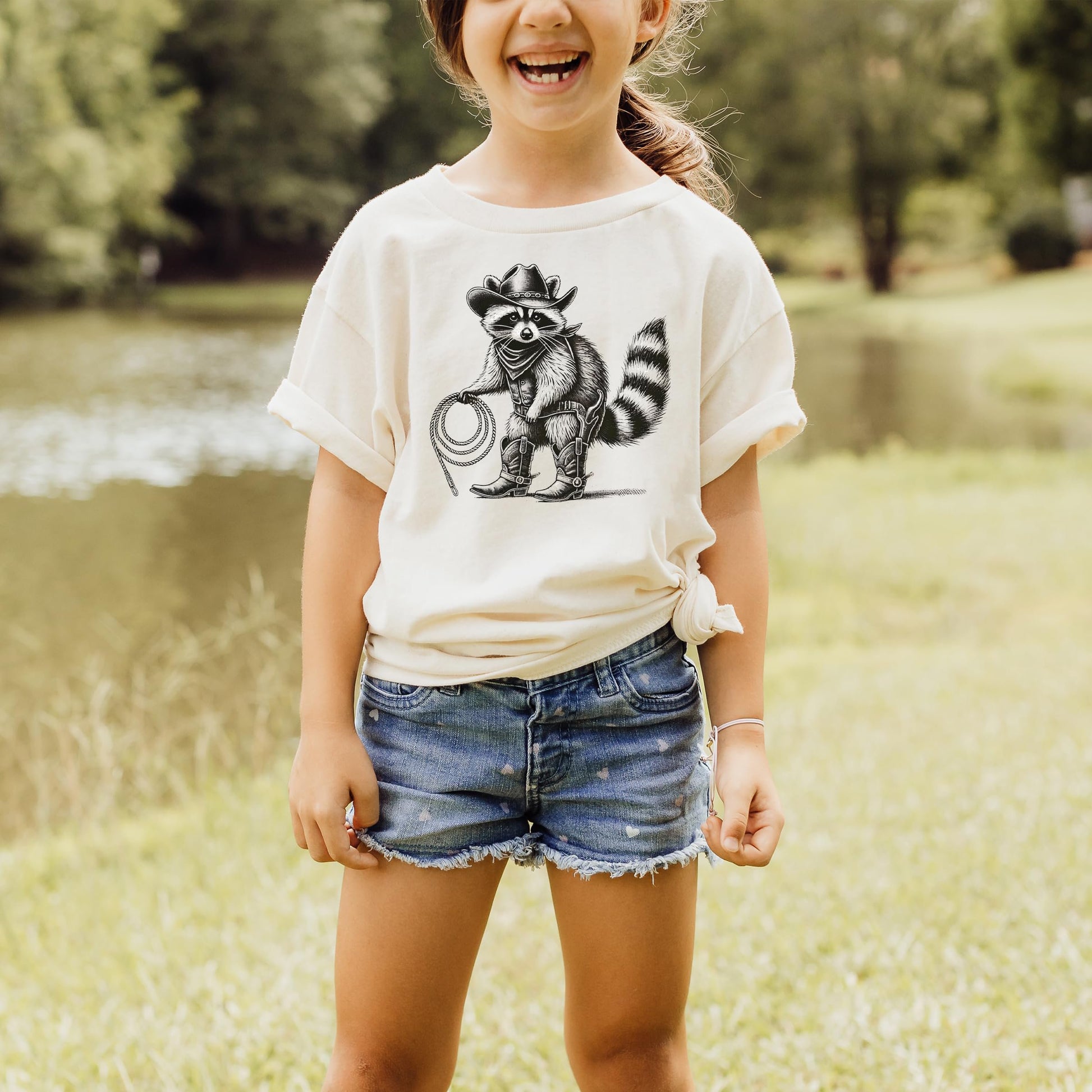 Close-up of raccoon cowboy lasso graphic on soft natural kids tee from Olive Loves Apple