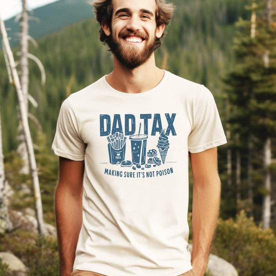 Back or alternate angle view of dark gray heather Dad Tax funny food joke graphic t-shirt