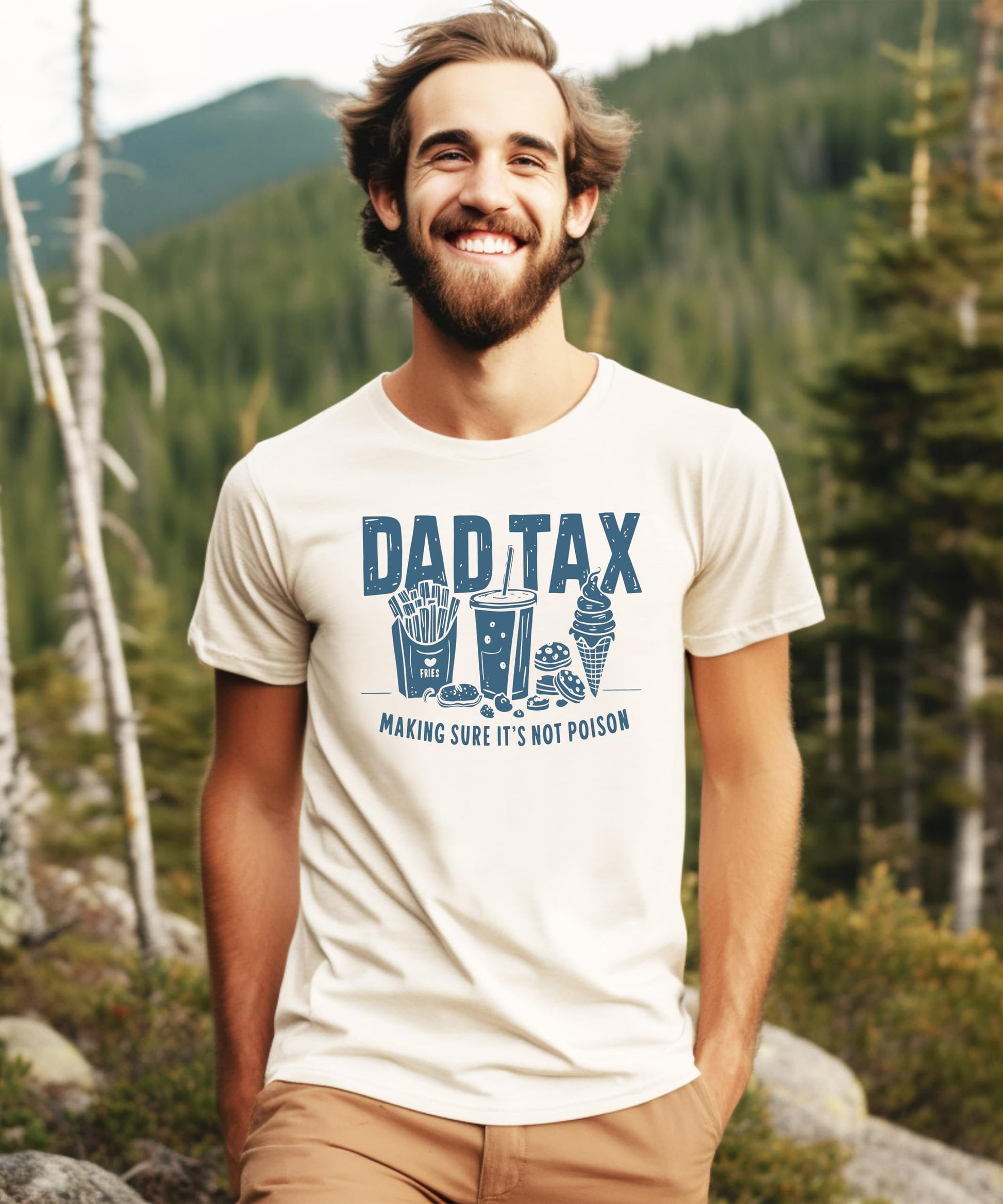 Back or alternate angle view of dark gray heather Dad Tax funny food joke graphic t-shirt