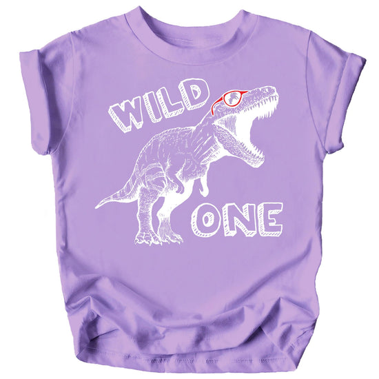 Flat lay of mauve Wild One Dinosaur baby tee showing full shirt design and fit