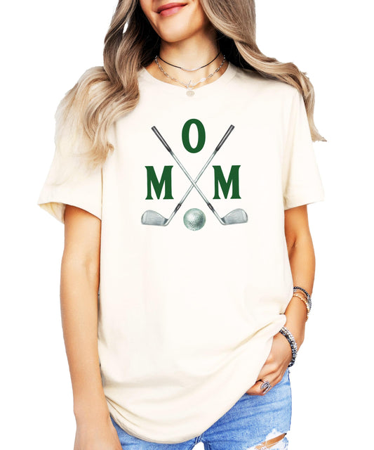 Full family matching golf birthday shirts flat lay including dad, mom, and kids sizes