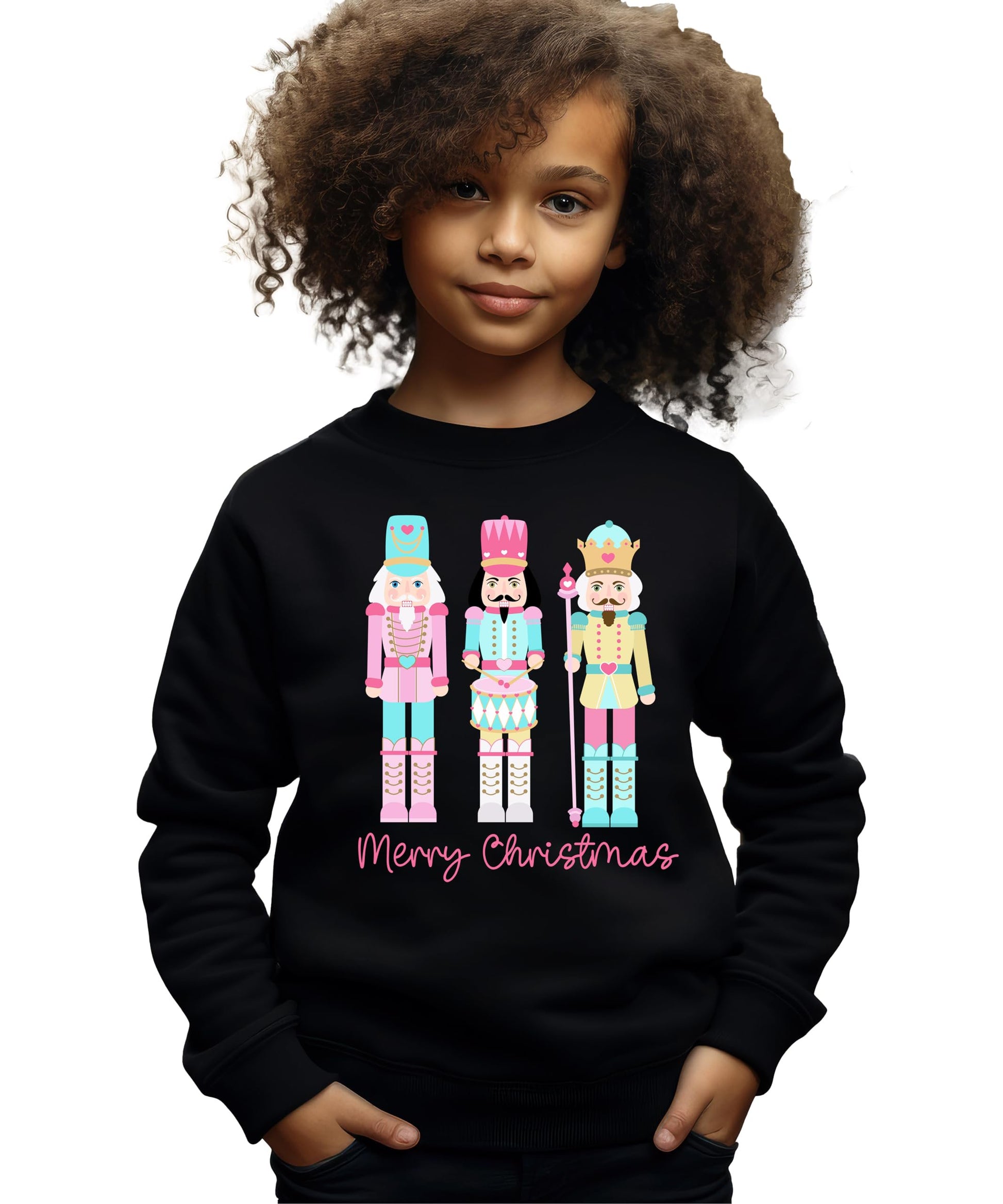 Close-up of pastel nutcracker graphic with Merry Christmas text on holiday sweatshirt