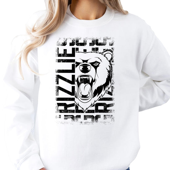Close-up of distressed grizzly bear mascot graphic on red pullover sweatshirt