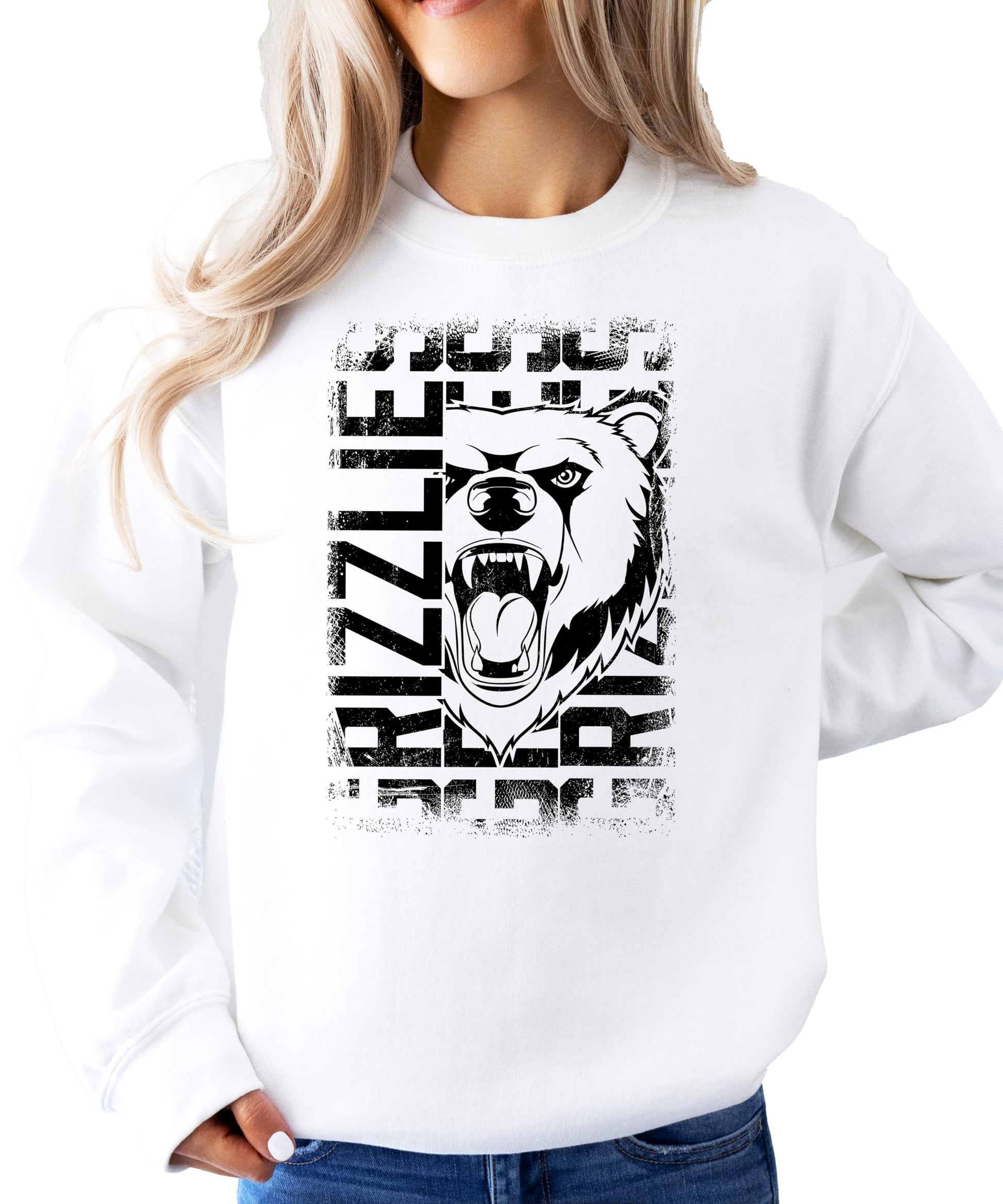 Close-up of distressed grizzly bear mascot graphic on red pullover sweatshirt