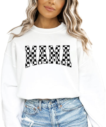 Trendy Mama Sweatshirt for Women White & Black Checkered Cozy Sweater for Mom White Sweatshirt Adult X-Large