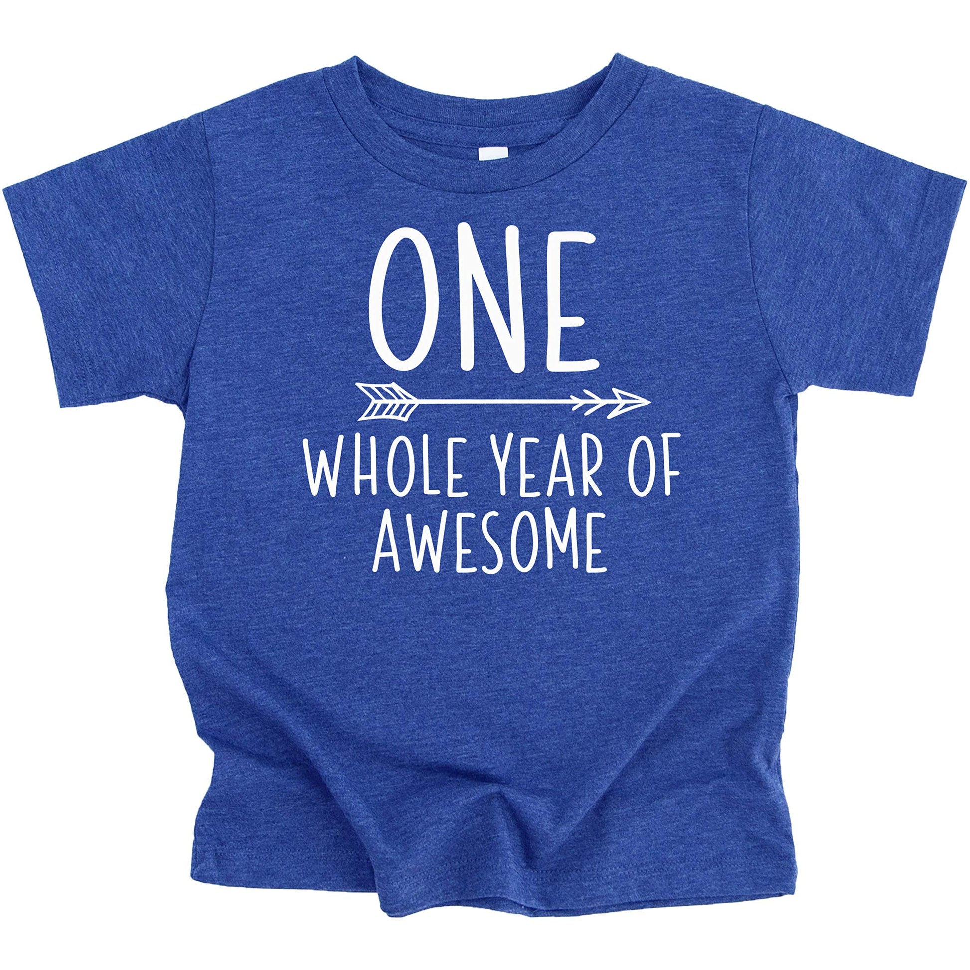 Boys 1st birthday shirt reading 'One Whole Year of Awesome' in granite heather short sleeve tee
