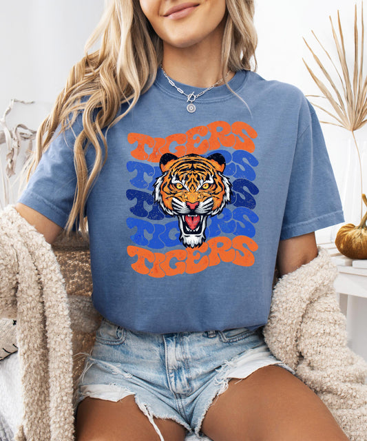 Retro Orange and Blue Tigers Shirt for Women and Teens Trendy Distressed Sports Tee