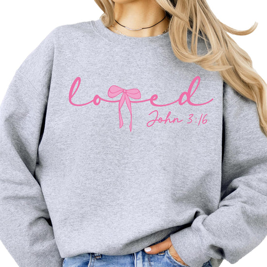Women's and girls' matching white Loved John 3:16 pink bow sweatshirts for Valentine's Day