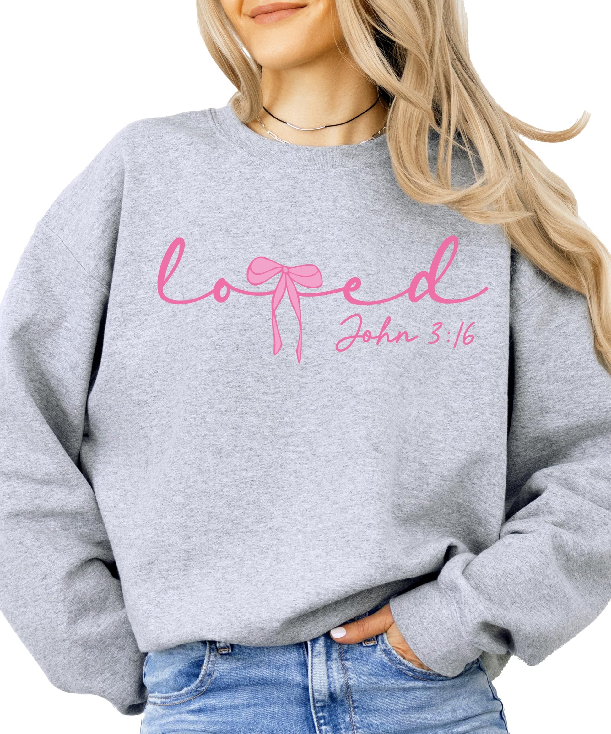Women's and girls' matching white Loved John 3:16 pink bow sweatshirts for Valentine's Day