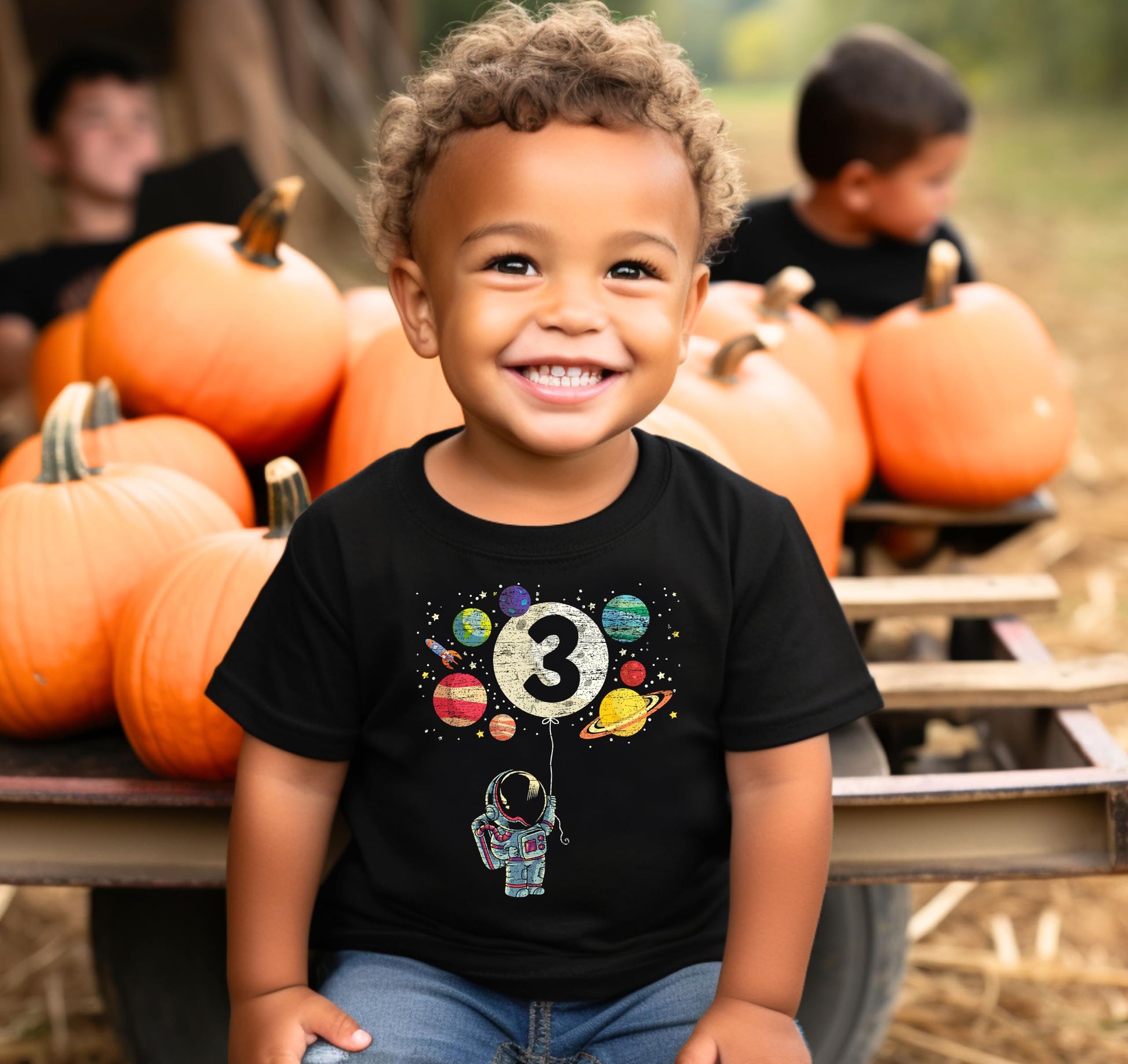 Front view of Olive Loves Apple 3rd birthday astronaut shirt for boys and girls