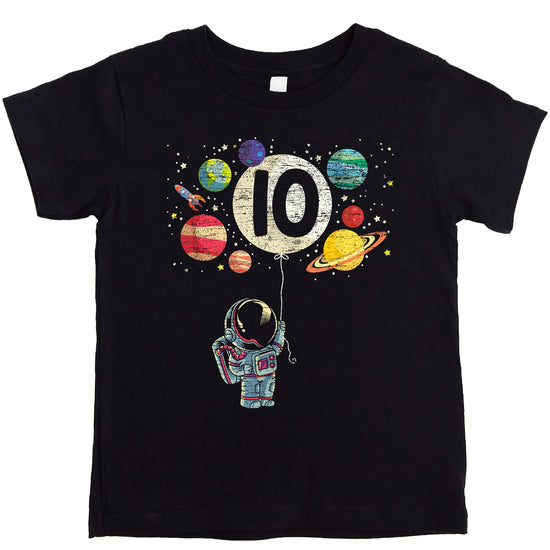 Flat lay of kids space birthday tee showing print detail and shirt color options