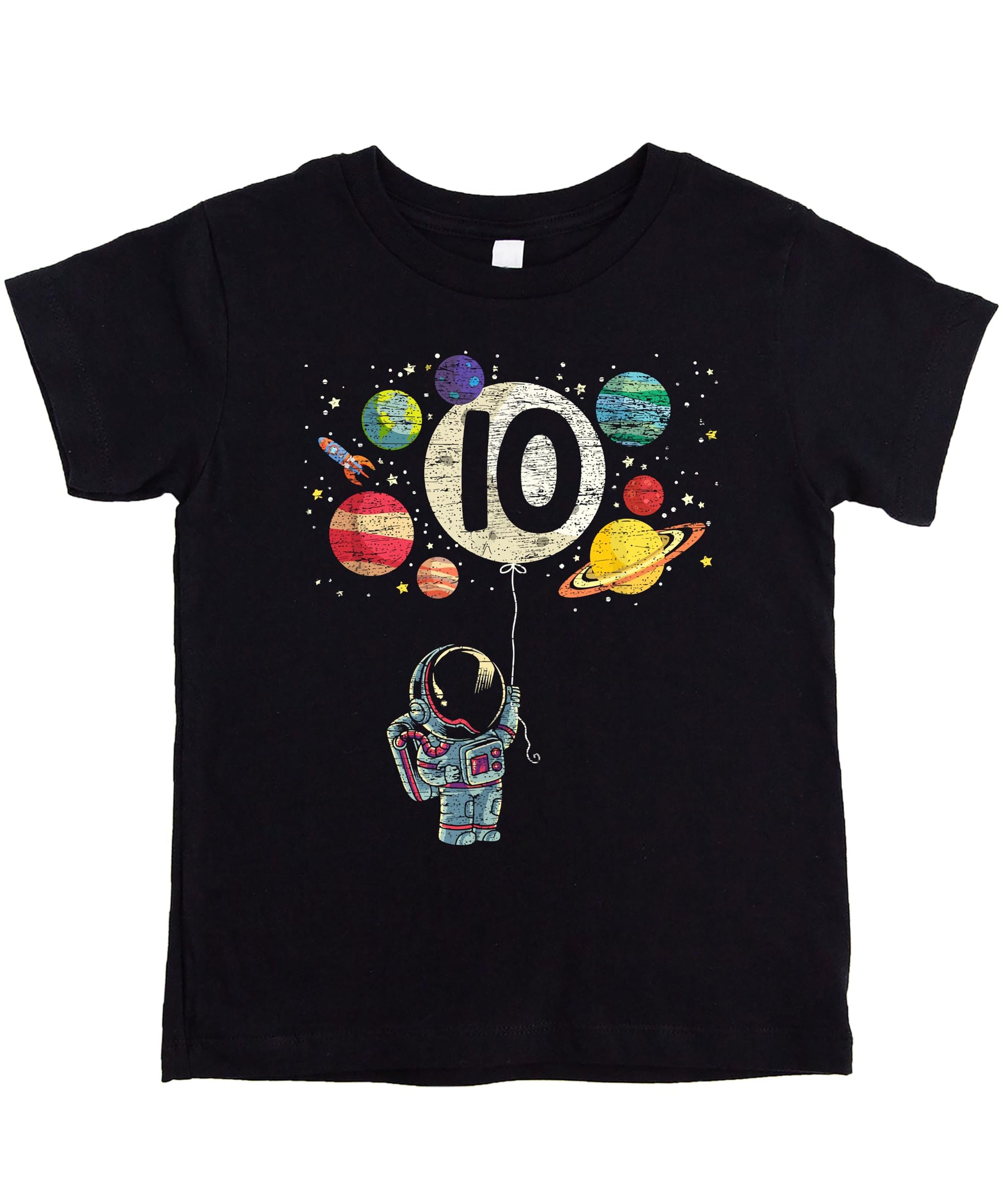 Flat lay of kids space birthday tee showing print detail and shirt color options