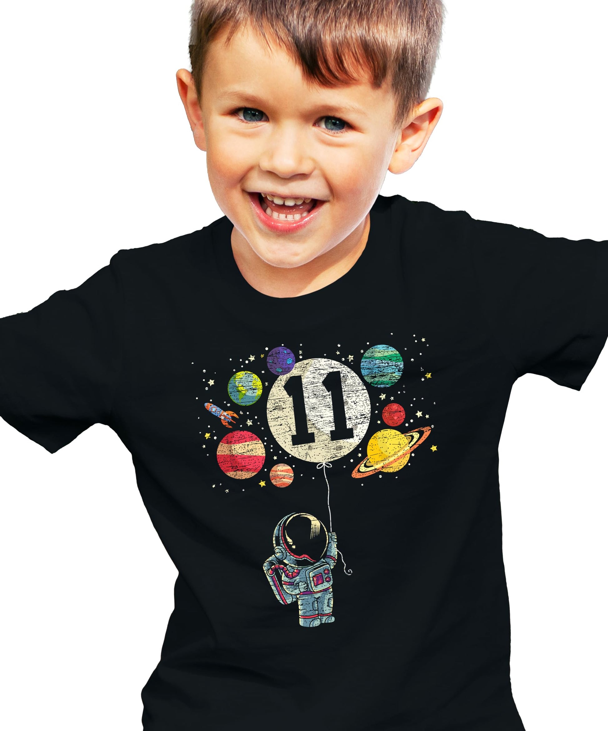 Child wearing space-themed graphic birthday tee in royal blue