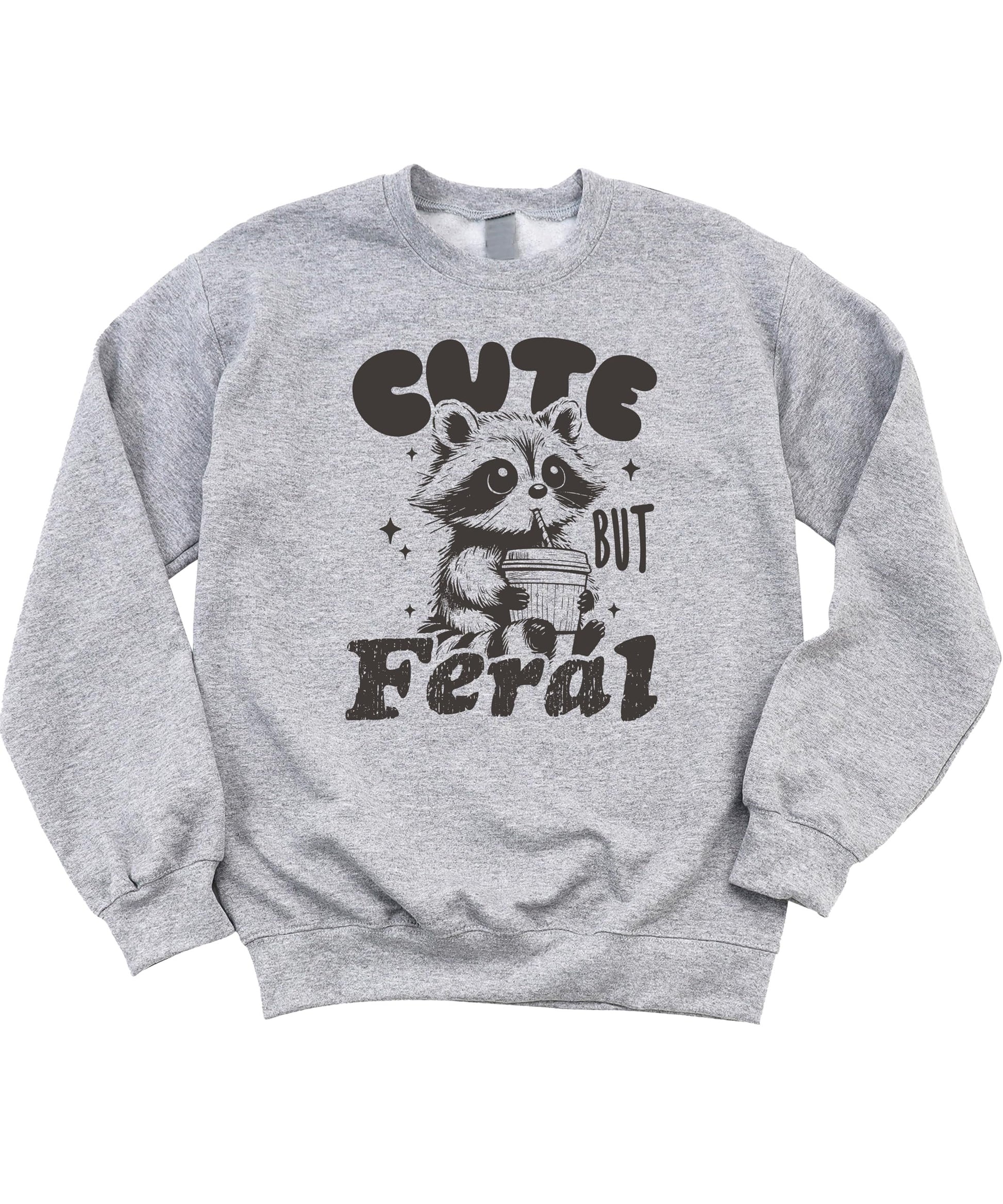 Kids pink sweatshirt with a cute raccoon sipping cocoa and the phrase Cute But Feral printed on the front