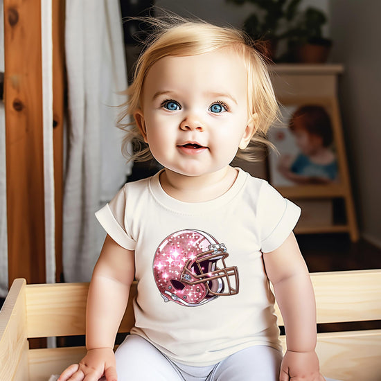 Back or alternate view of girls faux glitter football helmet shirt in youth sizing