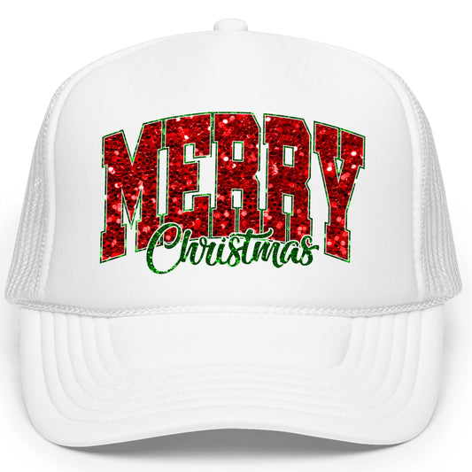 Merry Christmas Red & Green Ink-Printed Sequin Trucker Hat Foam Front Classic 5 Panel Mesh Snapback