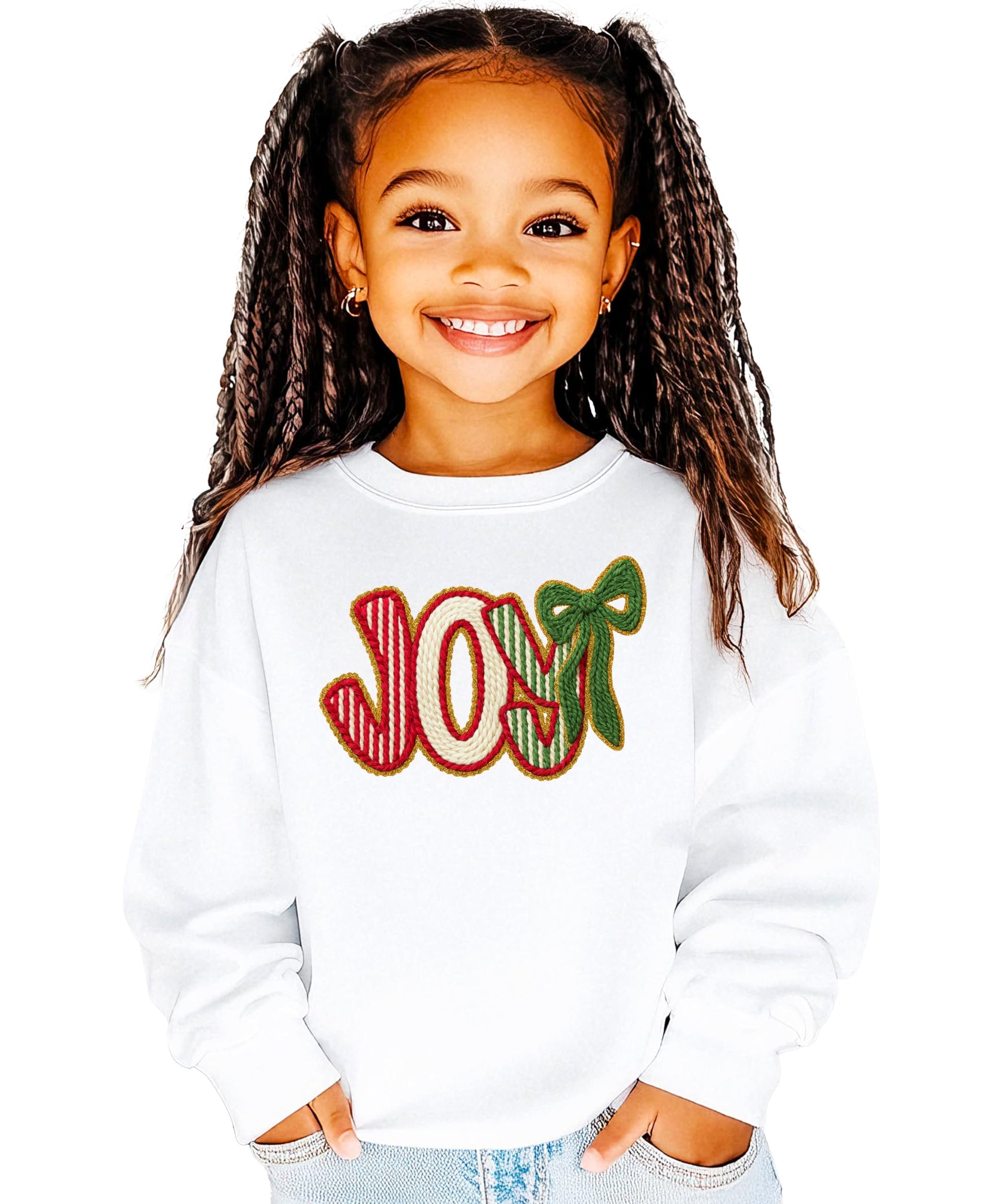 Close-up of JOY holiday sweatshirt showing festive ink-printed faux yarn patch lettering detail