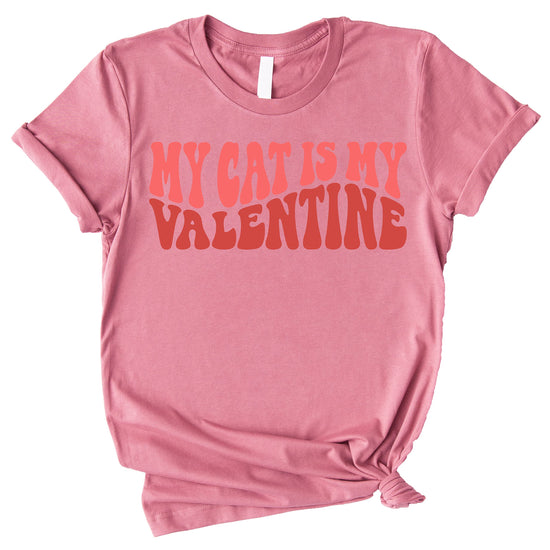 Front view of mauve cat valentine graphic t-shirt with humorous cat design