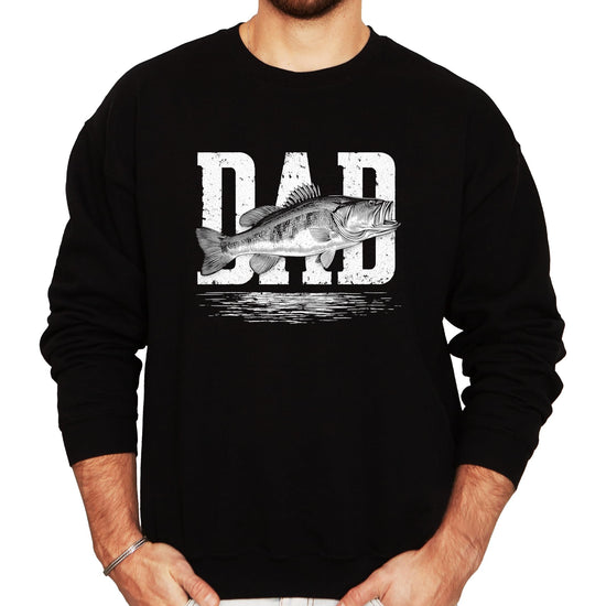 Dad Fish sweatshirt laid flat showing full front graphic design in white