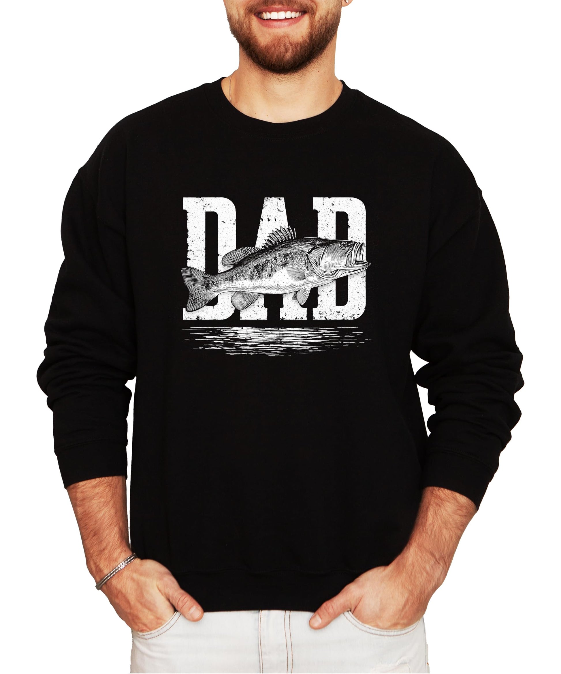 Dad Fish sweatshirt laid flat showing full front graphic design in white