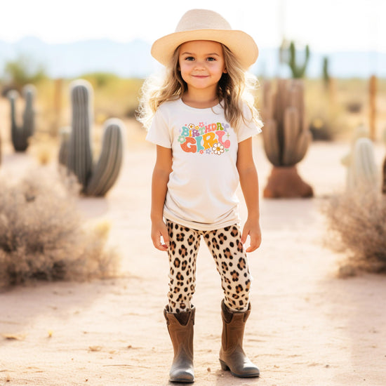 Youth girls birthday shirt with colorful groovy flowers graphic on natural fabric