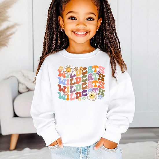 Gray retro Wildcats pullover sweatshirt with eye-catching rainbow letter graphics