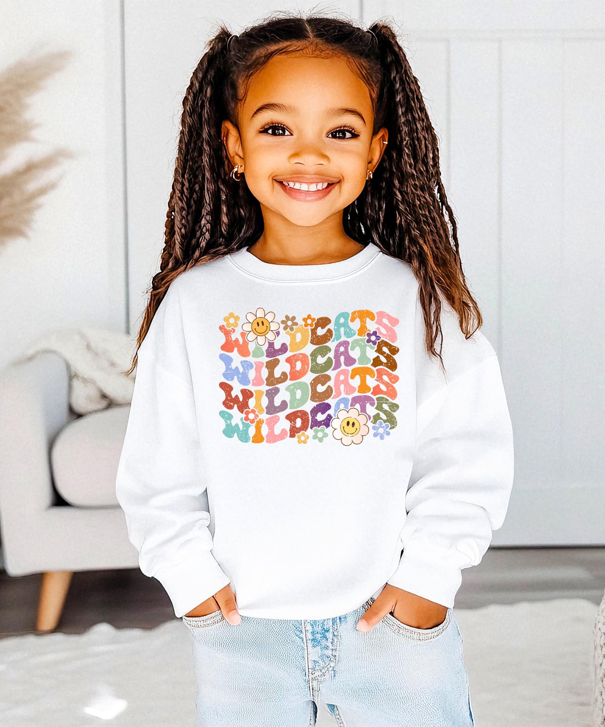 Gray retro Wildcats pullover sweatshirt with eye-catching rainbow letter graphics