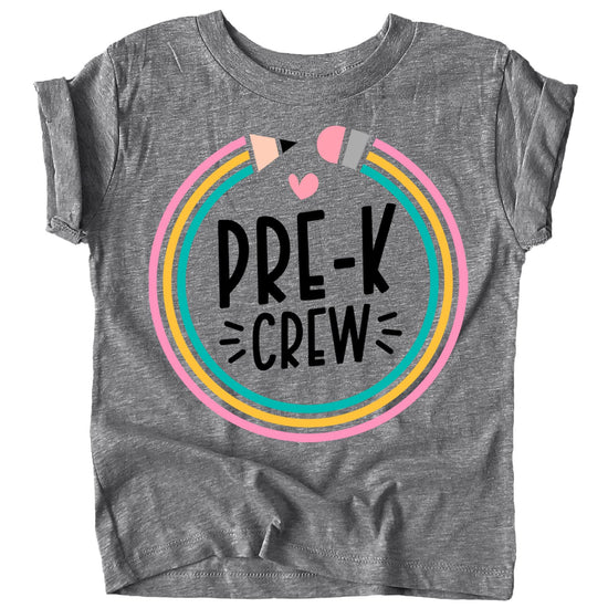 Purple Pre-K Crew back to school shirt with colorful pencil design for kids