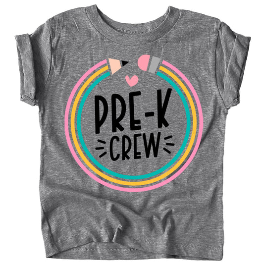 Purple Pre-K Crew back to school shirt with colorful pencil design for kids