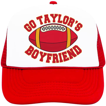 Go Taylor's Boyfriend Funny Football Season Trucker Hat Red and Gold Classic 5 Panel Mesh Snap Back