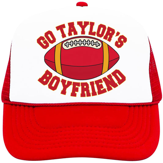 Go Taylor's Boyfriend Funny Football Season Trucker Hat Red and Gold Classic 5 Panel Mesh Snap Back