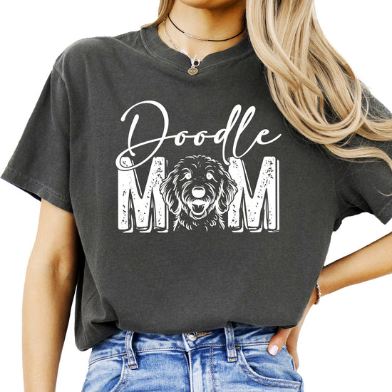 Back view of women's doodle mom graphic tee in casual everyday style