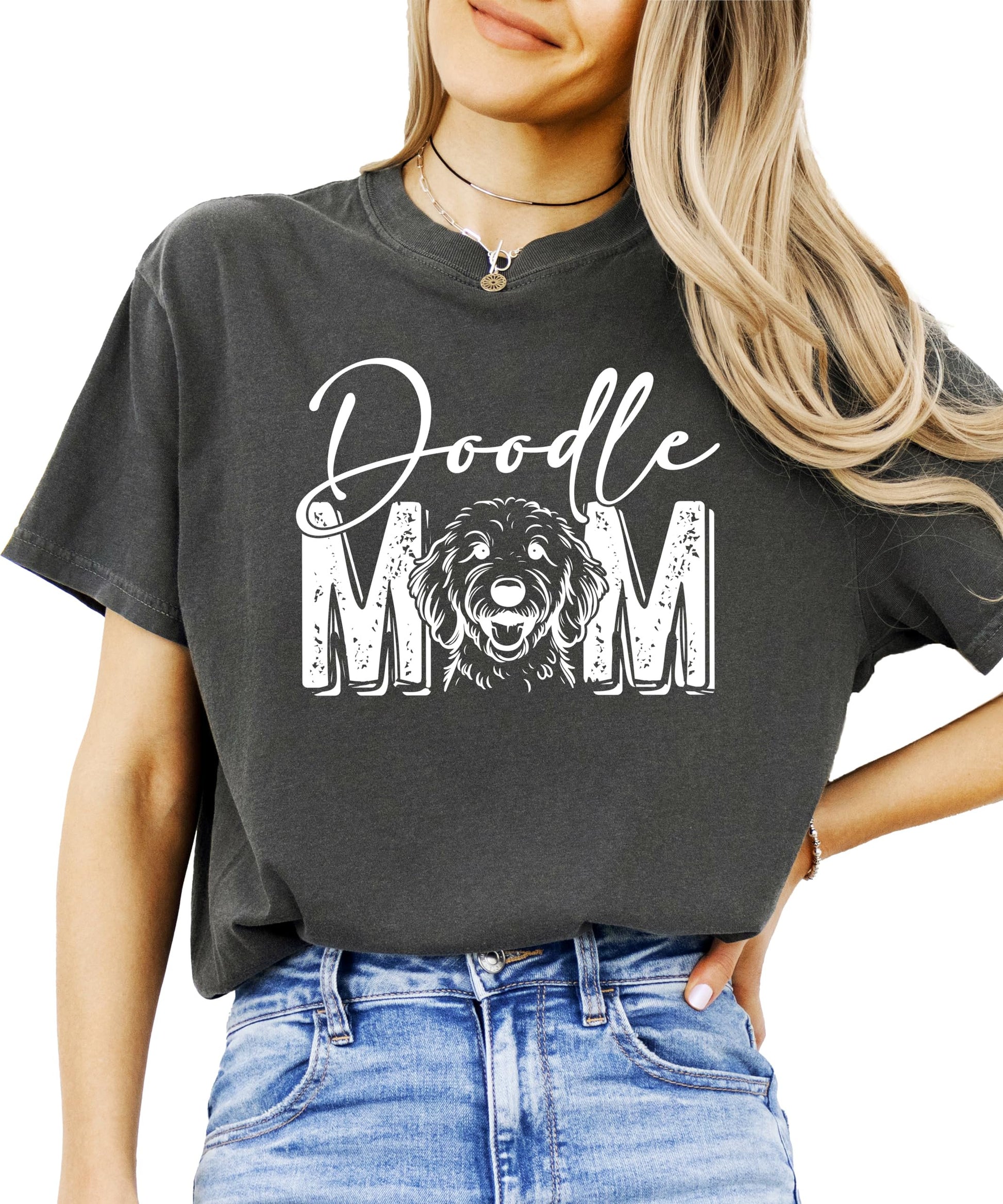 Back view of women's doodle mom graphic tee in casual everyday style