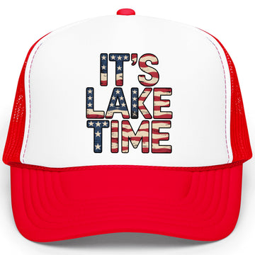 It's Lake Time American Flag Graphic Classic 5 Panel Mesh Foam Front Snapback Trucker Hat