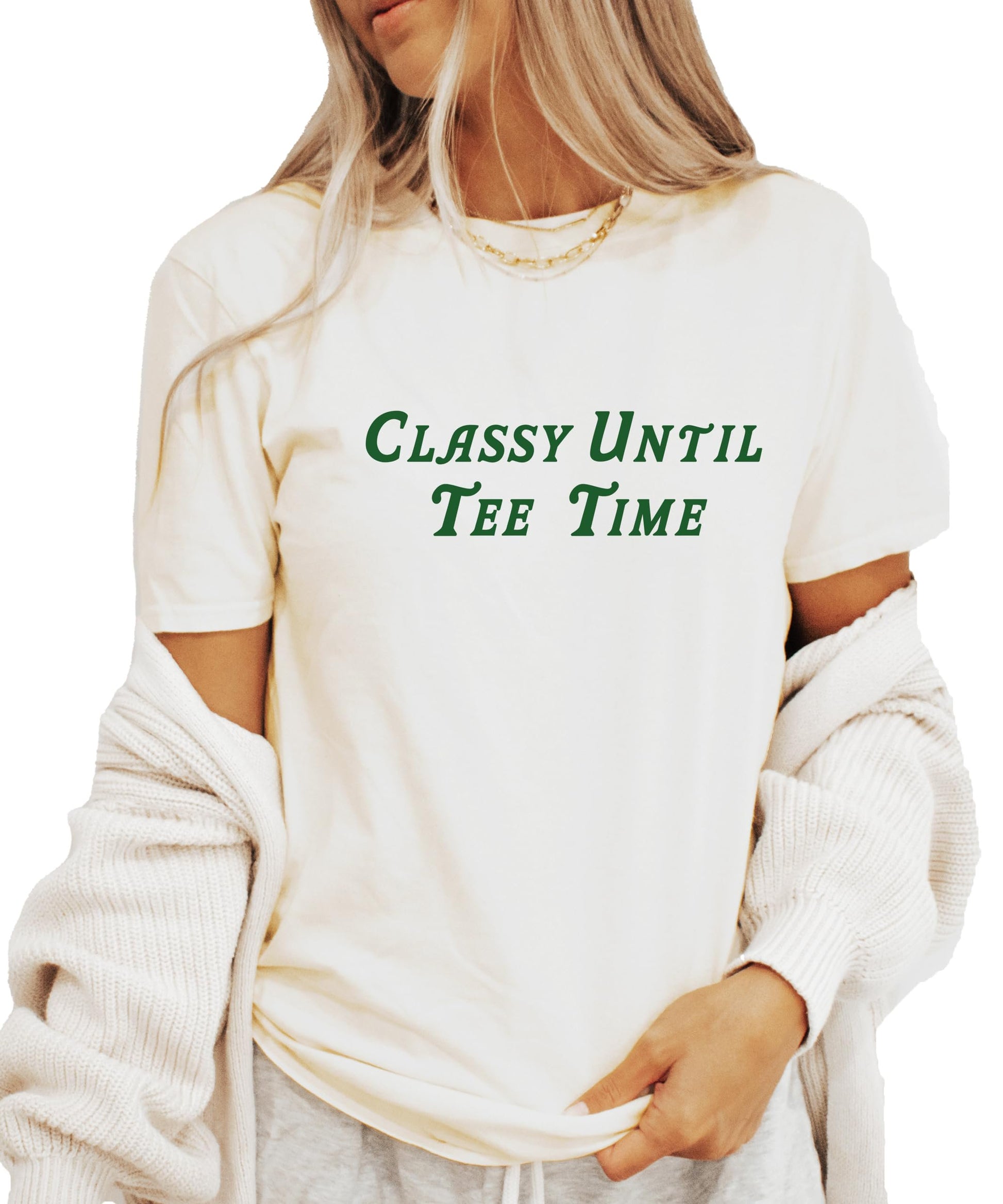 Flat lay of Classy Until Tee Time women's green golf t-shirt showing fit and overall design