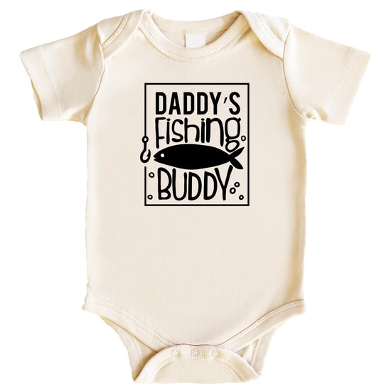 Daddy's Fishing Buddy graphic bodysuit for baby in peach, featuring fishing-themed design