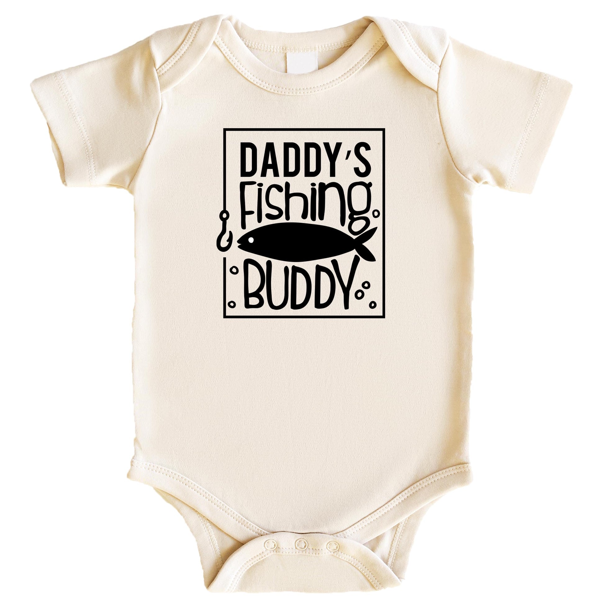 Daddy's Fishing Buddy graphic bodysuit for baby in peach, featuring fishing-themed design